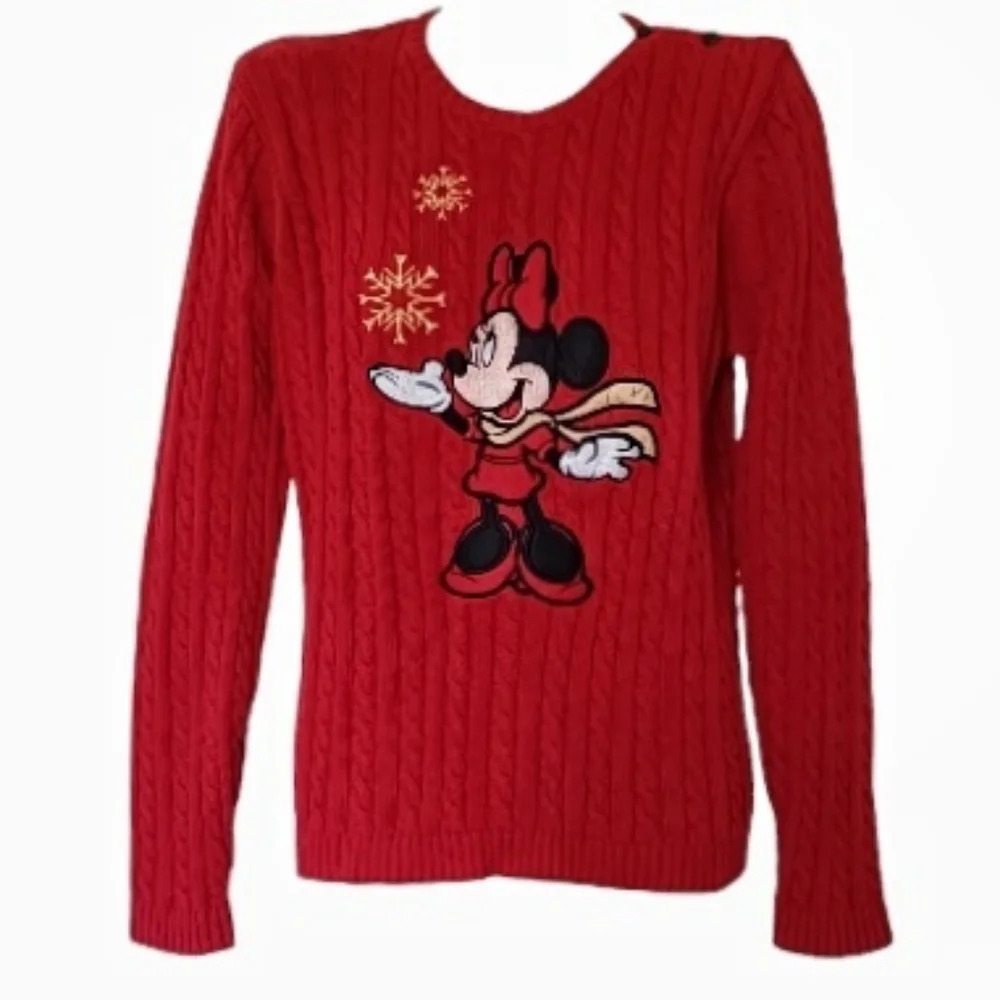 Vintage Disney Store Minnie Red Cable Knit Winter Christmas Sweater